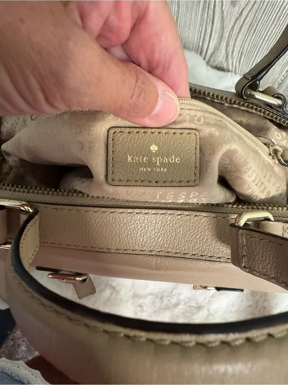 kate spade taupe leather satchel with buckled flap- Allen Street Raquelle